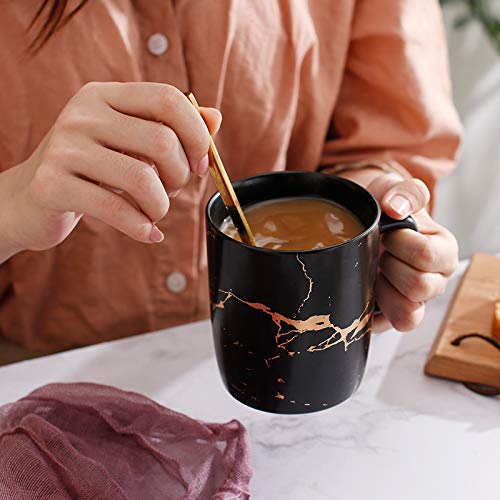 Coffeezone 12 Oz Matte Ceramic Marble Tea Coffee Mugs Luxury Gold Inlay (Black, 4 Mugs Gold Marble)