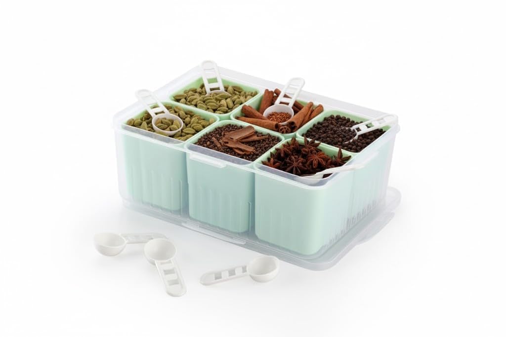 Neevanta Masala Box Set For Kitchen, 6 Section Plastic Spice Organizer, Rectangle Masala Dabba Storage Container, Pack Of1