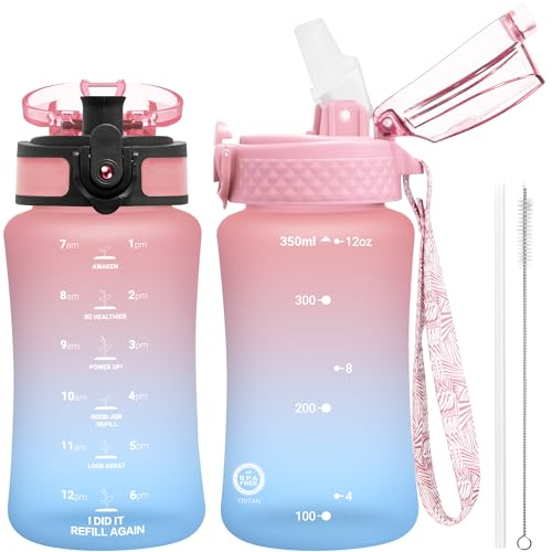 OLDLEY Kids Water Bottle for School  12 oz (2 lids) BPA-Free Reusable Leak-proof Durable Tritan Plastic Bottles with Straw & Chug Lids  Anti-dust Spout Cover (Pink-Blue)