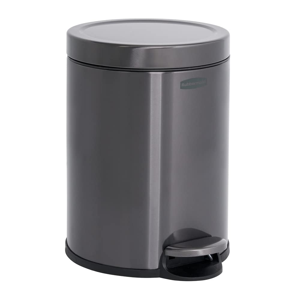 Rubbermaid Stainless Steel Round Step-On Trash Can, 1.6-Gallon, Charcoal, Wastebasket With Lid For Home/Bathroom/Kitchen/Office