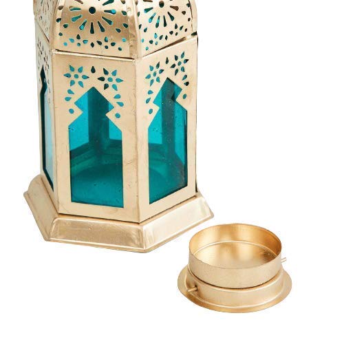 BWO Beautiful Collection Moroccan Hanging Lantern | Laltern Lamp with Tealight Candle Holder (Set of 6, Combo)(Gold Blue Glass)