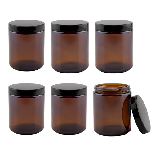 Cornucopia 8oz / 9oz Amber Glass Jars (6-Pack); Straight Sided Cosmetic Jars  Great for Body Butter  Creams  Stash Jars  Etc.