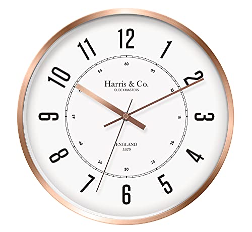 Harris & Co. Clockmasters Silent Sweep Noiseless Technology Wall Clock (12 Inch, Rose Gold Metal Frame, Model - Oxford Street In