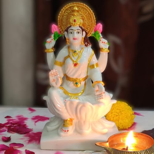 Apnimarket Marble Dust Laxmi Mata Murti Figurine, Standard, Goddess Mahalakshmi Statue-White 7