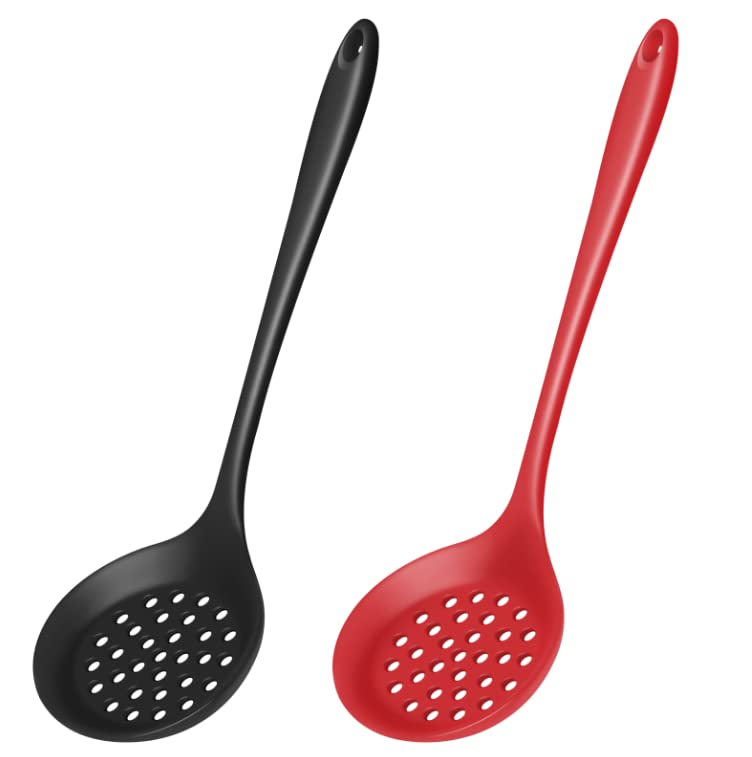 Armrouns Skimmer Slotted Spoon 2Pc Set, Heat Resistant 600 F Slotted Ladle Spoons For Kitchen Cooking. (Black & Red)