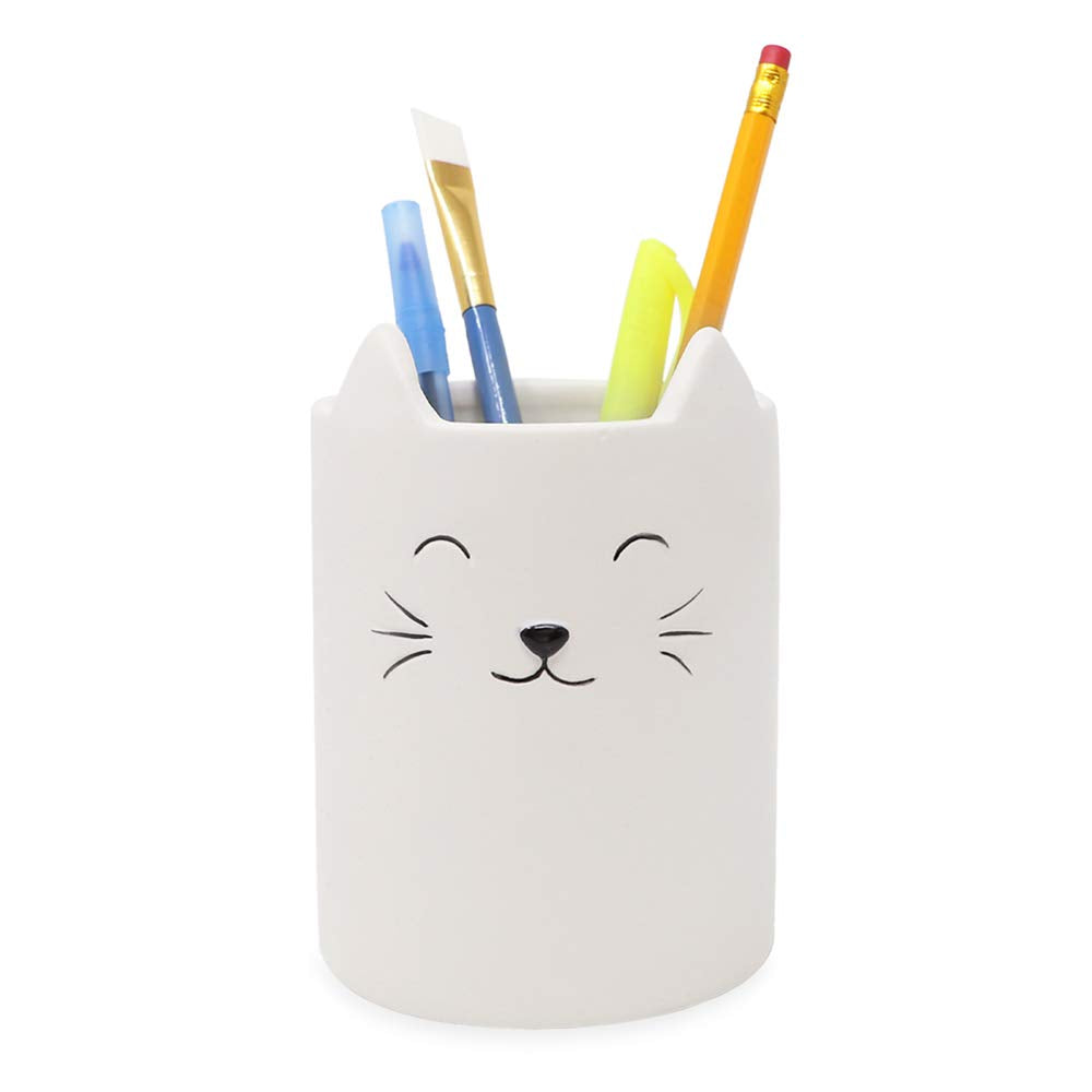 Isaac Jacobs White Ceramic Cat Makeup Brush Holder, Multi-Purpose Cup Organizer. Bathroom, Kitchen, Bedroom, Office D  Cor (Sing