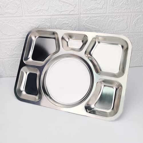 Hacaroa 4 Pack Stainless Steel Divided Dinner Plates, 15X10.6 Inches Snack Serving Plate With 6 Compartment, Metal Food Trays Fo