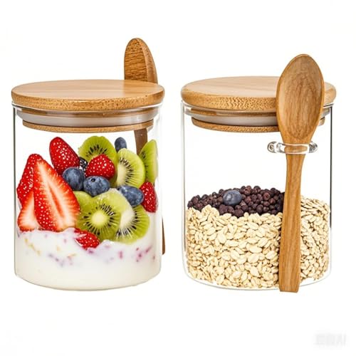 Joualy 2-Pack Glass Jar Containers 182 Oz,100 Sealed Borosilicate Glass Bamboo Spice Jars With Bamboo Lid And Bamboo Spoon For C
