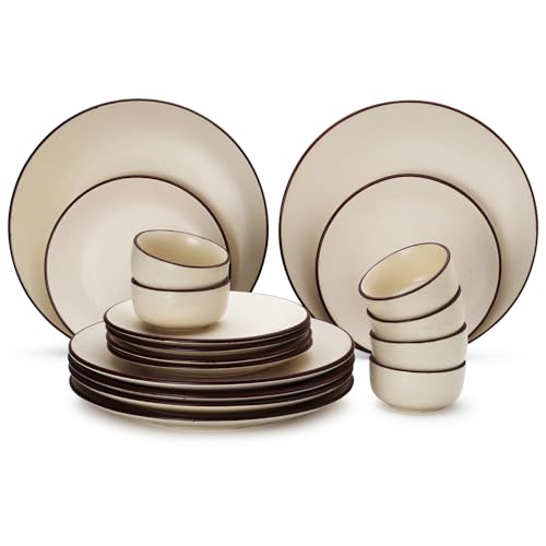 Bodhi House Handcrafted Stoneware Ceramic Dinner Set, 18 Pieces Dish Set Serving For 6, Microwave And Dishwasher Safe, Bone-Ash 