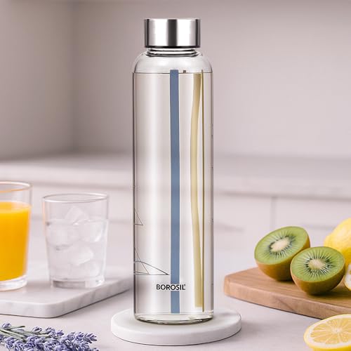 Borosil 550Ml Artisan Sintra Water Bottle With Steel Lid | Borosilicate Glass Narrow Mouth Bottle For Fridge | Extreme Temperatu