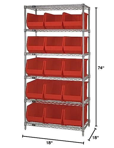 Bin Wire Shelving System, 36L X 18D X 74H, 800 Lbs Load Capacity Per Shelf, Includes: (6) Shelves And (15) Qus260 Red Containers