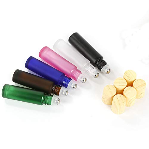 Essential Oil Roller Bottles,5 Pack 10Ml Colorful Frosted Glass Roller Bottles With Stainless Steel Roller Balls,Wood Grain Lid