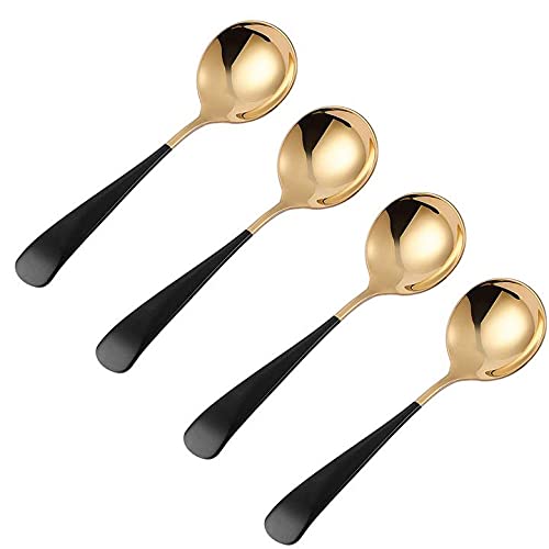 4-Pack Palace Style Soup Spoons Large Bowl 1.8'' Round Head Stainless Steel Heavy Duty Food Serving Spoons - Black Gold