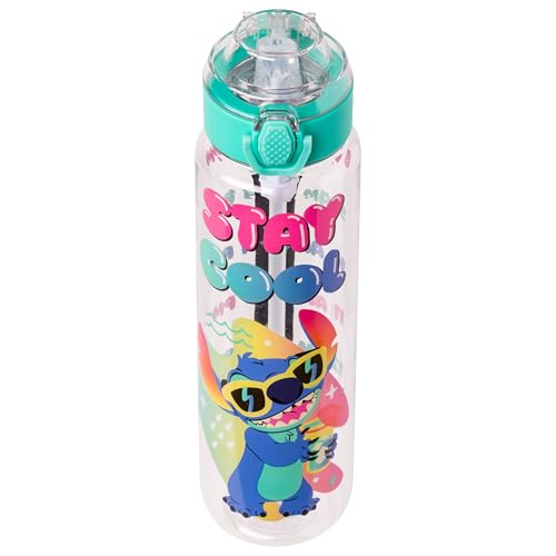 Silver Buffalo Disney Lilo And Stitch Stay Cool Hydration Tracker Schedule Plastic Water Bottle With Locking Lid, Strap, And Str