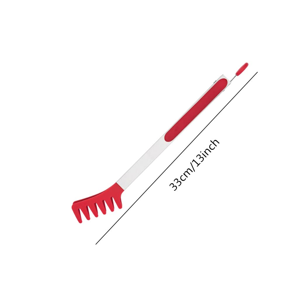 Large 13'' Red Stainless Steel Pasta Tong With Silicone Tips, Spaghetti Tongs Pasta Server Utensil For Noodles Cooking Baking Fo