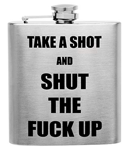 Hip Flask Gift Set with Refill Funnel and 2 Stainless Steel Shot Glasses  Shut The Fuck Up Design  Metallic Grey Wrapped Vinyl