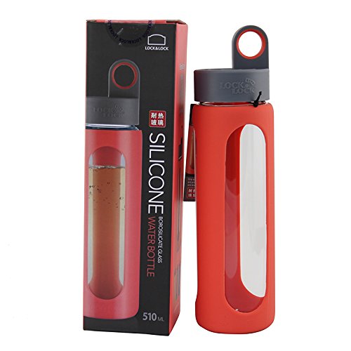 Lock & Lock I Shape Silicone Heat Resistant Borosilicate Glass Sports, 17 Oz, Red Water Bottle