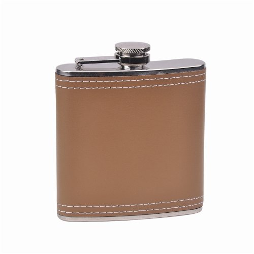 Genuine Leather Hip Flask Holding 6 Oz - Ckb Products Pocket Size, Stainless Steel, Rustproof, Screw-On Cap - Brown Finish - Bla