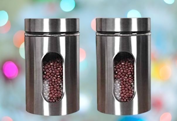 Home Stuffs Clear Glass Steel Window Jars For Kitchen Storage Food Spices Canister Set (2, 550Ml)