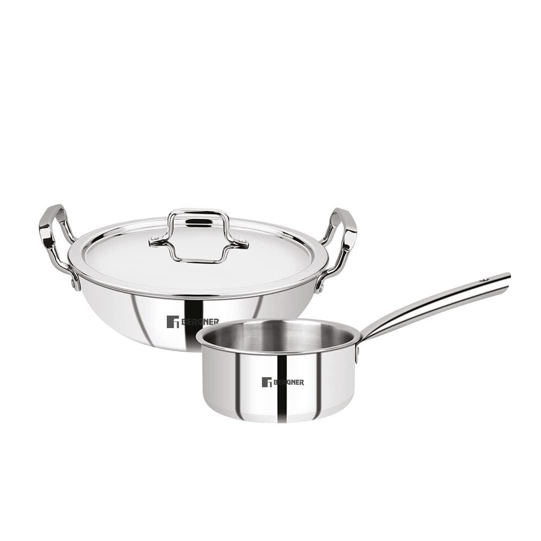 Bergner Tripro TriPly Stainless Steel 3 Pc Cookware Set, Set of 24 cm (3.1 L) Indian Wok/Kadai with Lid, 16 cm (1.7 L) Teapan Wi