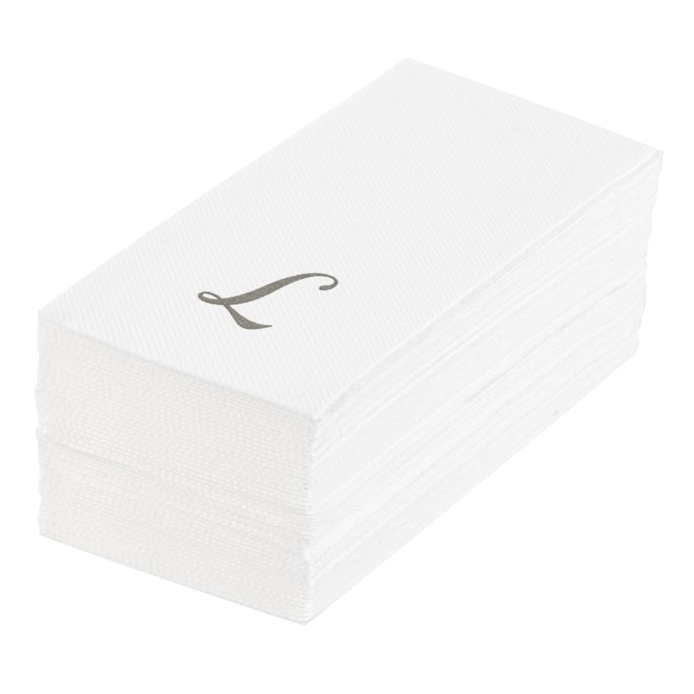 Luxenap 15.8 X 7.9 Inch Linen-Feel Guest Towels, 2000 Lettered Hand Towels - Silver Letter 'L', Cursive Font, White Paper Dinner