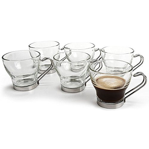 Bormioli Rocco Espresso Cup Set of 4 with Stainless Steel Handle, 3.5 oz, Clear, Gift Boxed - Model 442110GBH021990