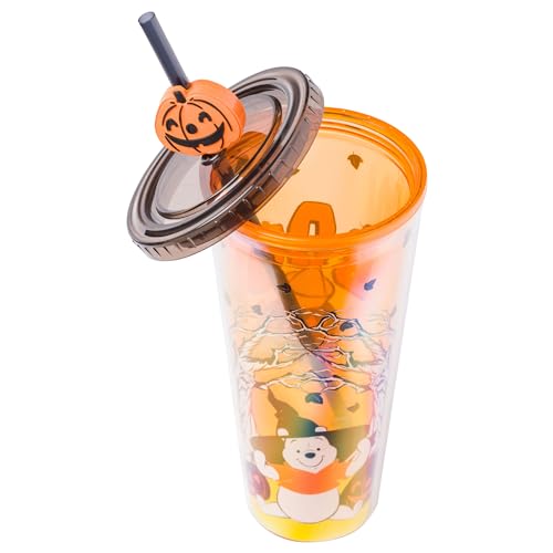 Silver Buffalo Disney Winnie the Pooh Spooky Witch Halloween Plastic Cold Cup with Lid and Festive Jack-O-Lantern Straw Topper,