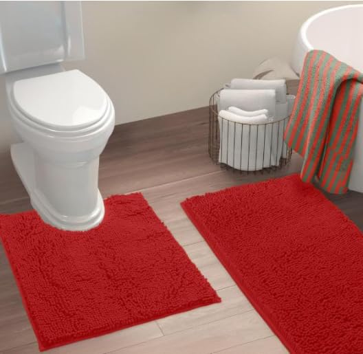 Red Christmas Decor Bathroom Rugs Sets 2 Piece, Luxury Chenille Bath Mat Runner Set, Soft Plush Anti-Slip Bath Rug + U-Shaped To