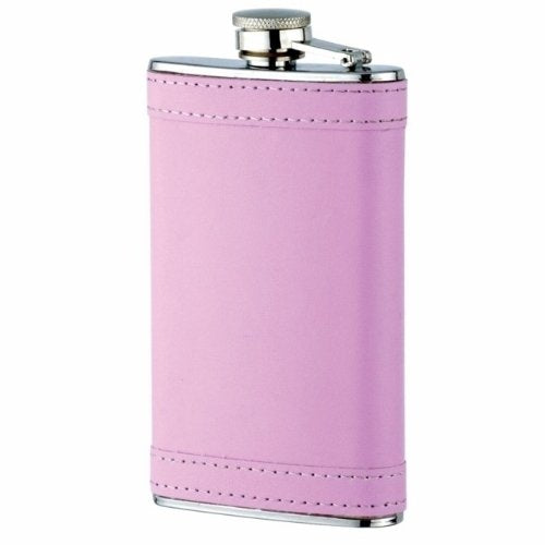 Leather Like Wrapped Hip Flask Holding 6 Oz - Pocket Size Stainless Steel Rustproof Screw-On Cap - Pink Finish Perfect For Engra