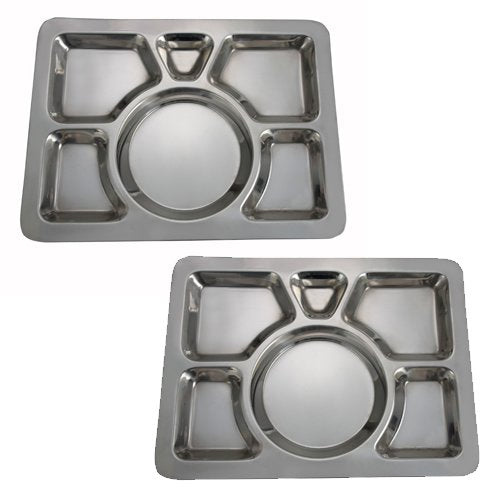W & P Trading Co. Set Of 2-6 Compartment Cafeteria Food Tray, Cafeteria Eating Mess Tray - Stainless Steel