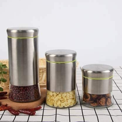 Home Craf Stainless Steel Plated Glass Kitchen Canister, Airtight Food Storage Canisters, Visible Window Seasoning Cereal Contai