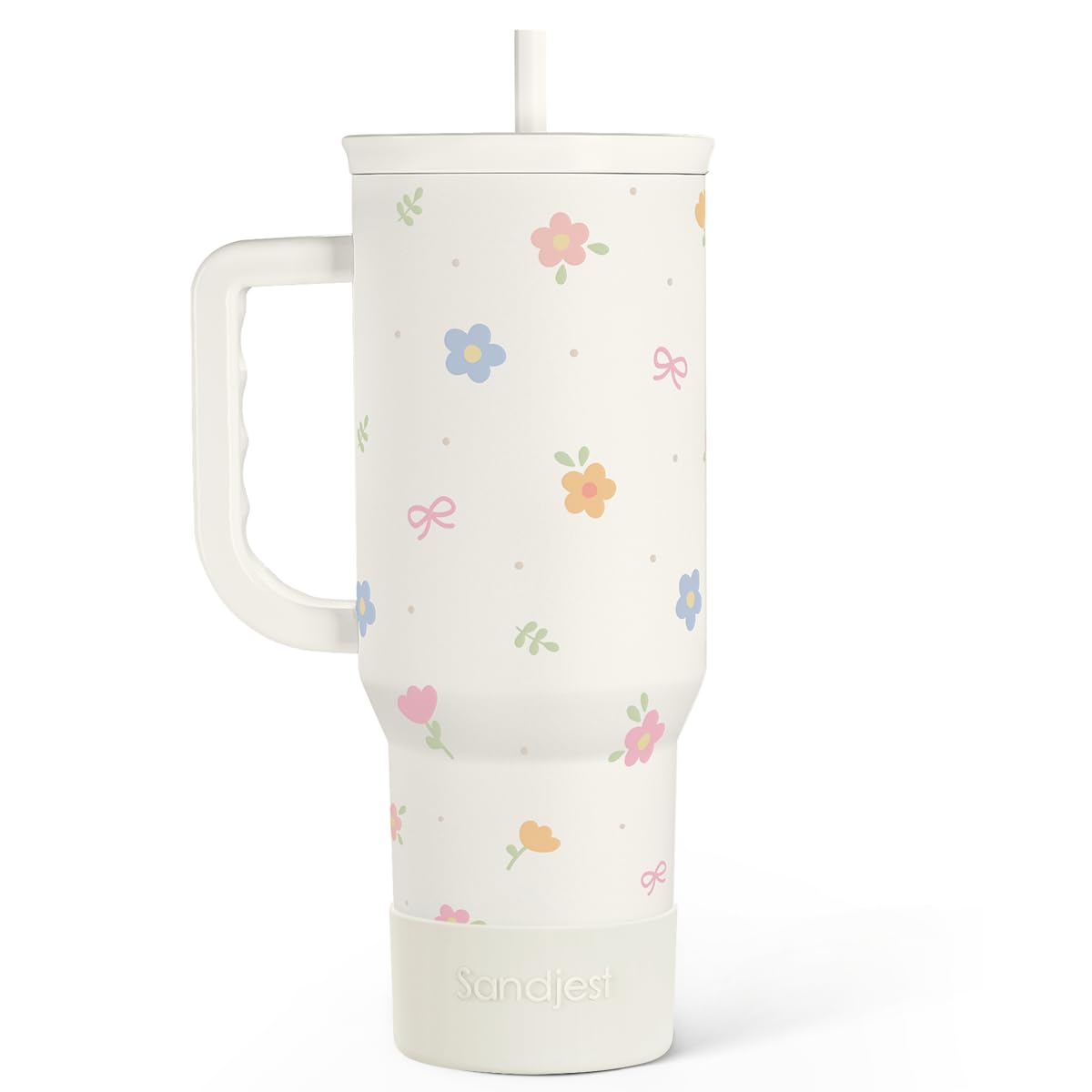 SANDJEST Floral 40oz Slider Tumbler with Handle and Straw - Insulated Stainless Steel Travel Coffee Mug for Women Girls, Gift fo