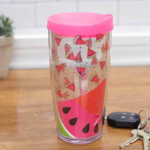 Freeheart Watermelon Burst 16 Oz Travel Tumbler With Neon Pink Lid | Watermelon Fruit Drinking Cup|Double Wall Tumblers | Bpa Fr