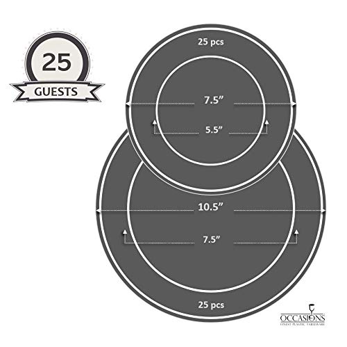 ' OCCASIONS '' 50 Plates Pack (25 Guests) - Heavyweight Wedding Party Disposable Plastic Plate Set - 25 x 10.5'' Dinner + 25 x 7.5'' Salad/dessert plates (Celebration White/Rose Gold)