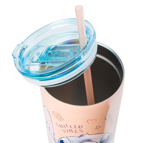 Silver Buffalo Disney Lilo And Stitch Island Doodles Chilled Vibes Double Walled Stainless Steel Tumbler With Straw, 22 Ounces