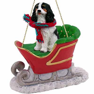 Cavalier King Charles Spaniel Sleigh Ride Christmas Ornament Black-White - Delightful!