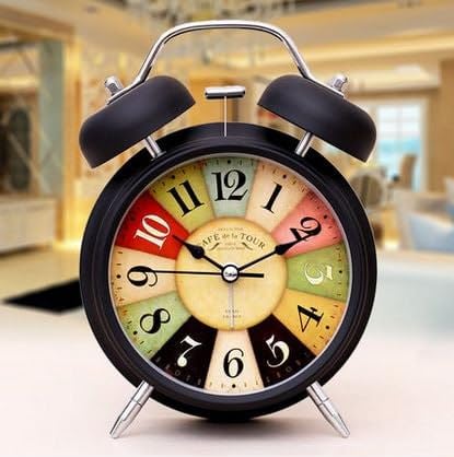 Buqaro Alloy Steel, Glass Twin Bell Edition Vintage Look With Night Led Display Table Alarm Analog Clock (Black), 8*6 Cm