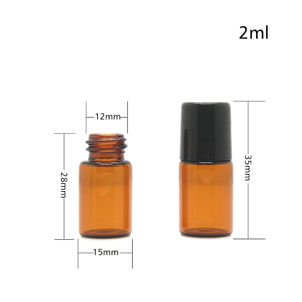 Furnido 25 Pack 2Ml Amber Glass Roll On Bottle For Essential Oils,Perfume Vial With Stainless Steel Roller Ball,Black Caps Mini