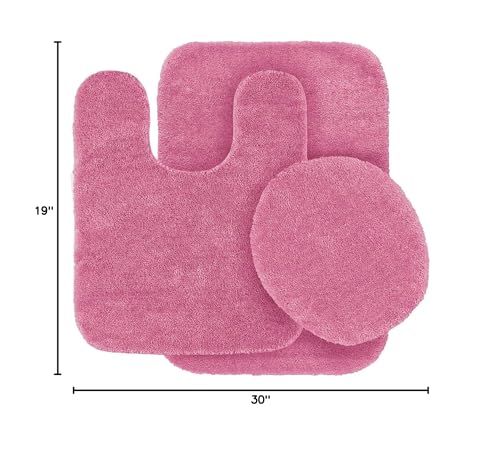 Fancy Linen 3Pc Solid Non-Slip Bath Mat Set Bathroom U-Shaped Contour Rug, Mat And Toilet Lid Cover New # 6 (Hot Pink)