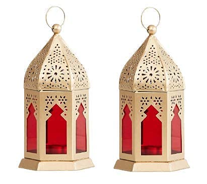 BWO Moroccan Hanging Lantern | Laltern Lamp with Tealight Candle Holder (Set of 6, Combo) (Gold RED Glass)