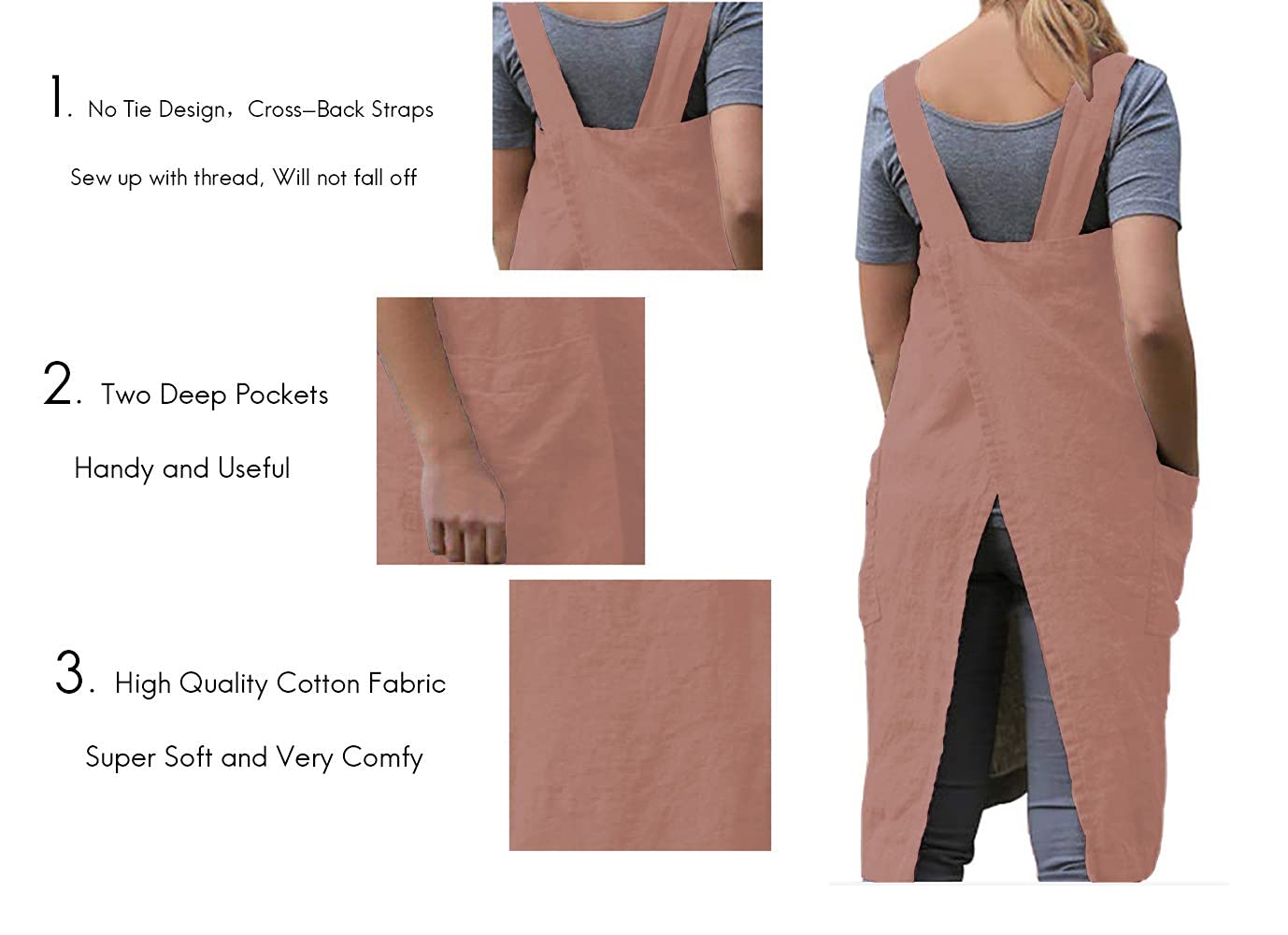 Women 'S Pinafore Square Apron Baking Cooking Gardening Works Cross Back Cotton/Linen Blend Dress With 2 Pockets Salmon Pink-M