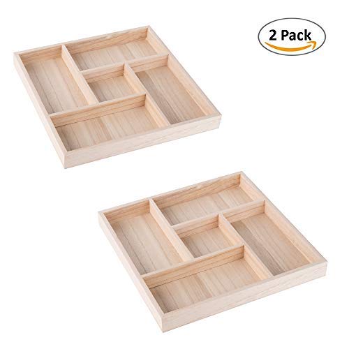 Wooden Tray With 5 Sections - 2 Pack Square Tray Chip And Dip Platter - Divided Serving Tray For Appetizers & Snacks - Veggie Pl