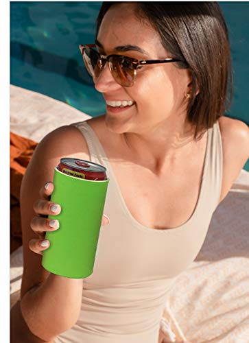 Kropsis Collapsible 12 Oz Slim Can Cooler Sleeves Blank Fabric Scuba Foam (Neon Green, 12)
