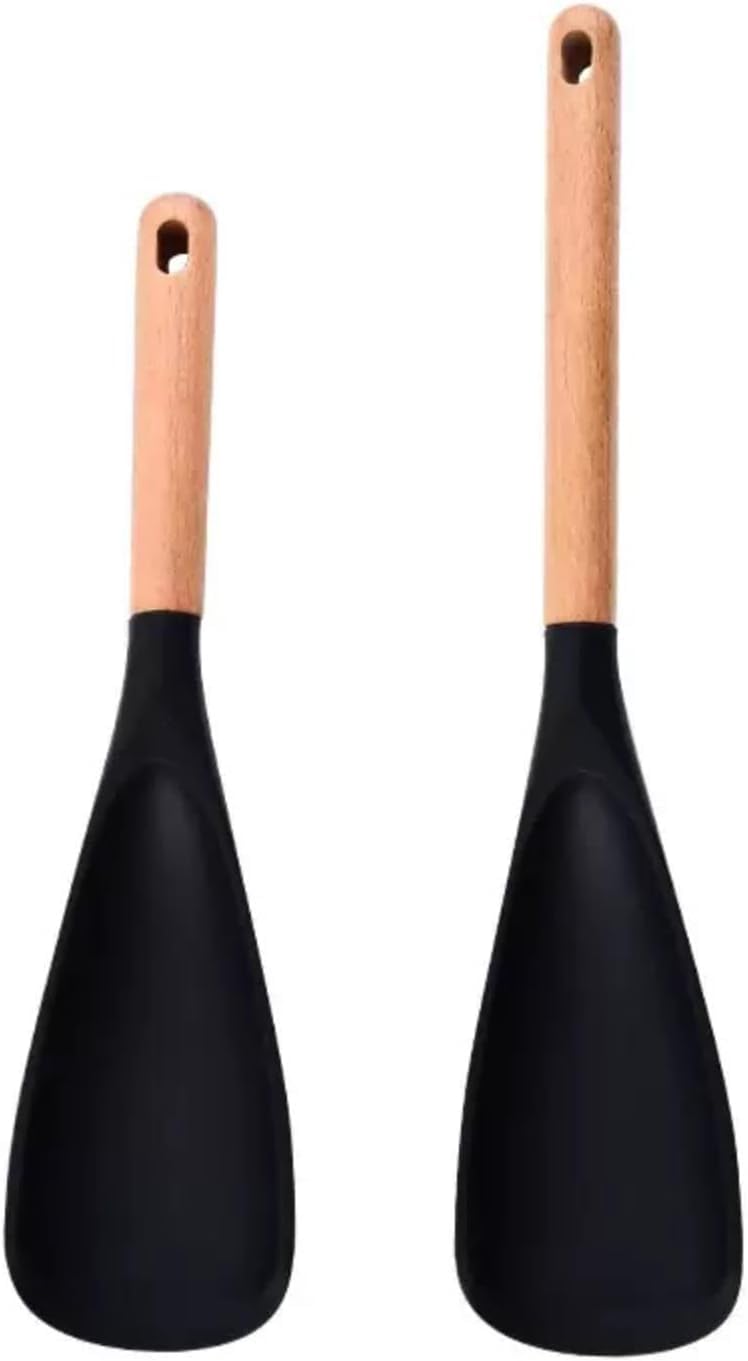 Hilda Cooking Spoon For Nonstick Cookingwares, Silicone Spoon Spoon For Mixing, Scoop, And Scrape, Black (13.4+11.4 Black 2P