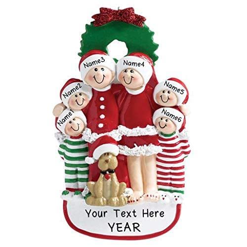 Family with Dog Personalized Christmas Tree Ornament | Custom Writing with Dog Personalized Family Ornaments (Family of 6)