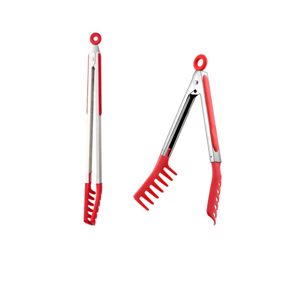 Red Stainless Steel Pasta Tong, Large 13'' Stainless Steel Spaghetti Tongs, Comfortable Grip Design Pasta Server Utensil For Noo