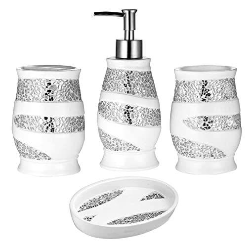 Zahari Home 4Pc Sinatra Stylish Bathroom Accessories Set White Soap Dispenser, Tumbler, Tooth Brush Holder And Soap Dish Modern