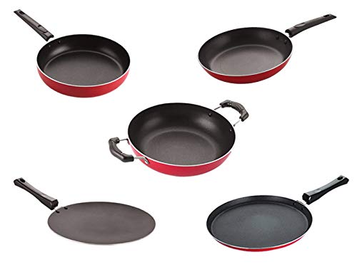 Nirlon NonToxic Oil Free NonStick Cookware Essential Combo Set Of 5 Pieces With Bakelite Handle(26_Ct_Kd12_Tp_Ft11_Fp12)