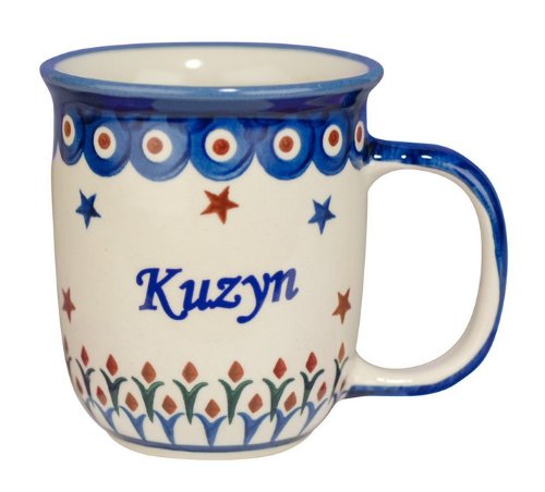 Polart, 12 Oz Polish Boleslawiec Pottery Coffee Mug - Blue Stoneware Kuzyn/Cousin Word Design Mugs For Coffee And Tea Lovers - H