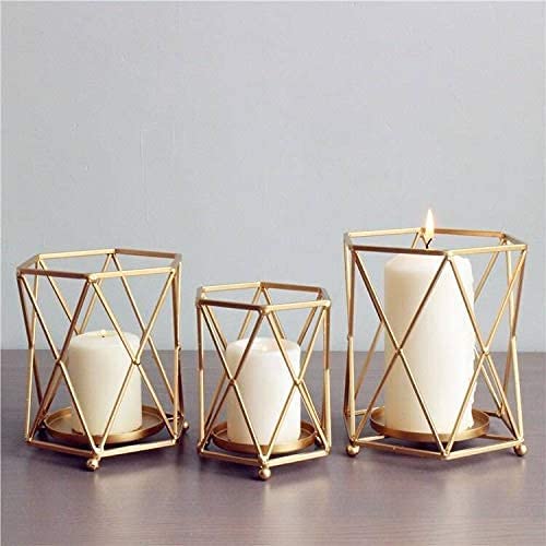 The Bright Storey  Set of 3 Nordic Style Candle Holder Gold Geometric Metal Iron Art Candle Base for Diwali Christmas Home Decor
